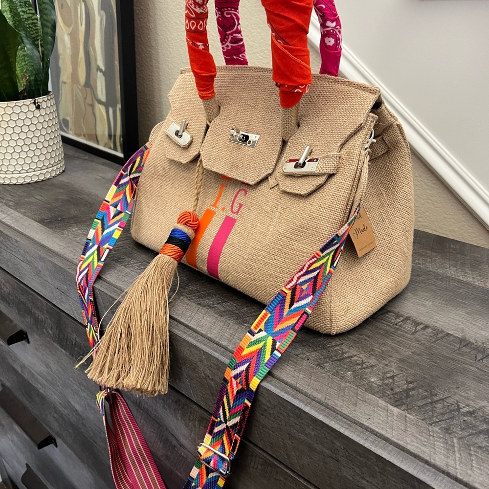 Stylish Tan Satchel with Colorful Strap
